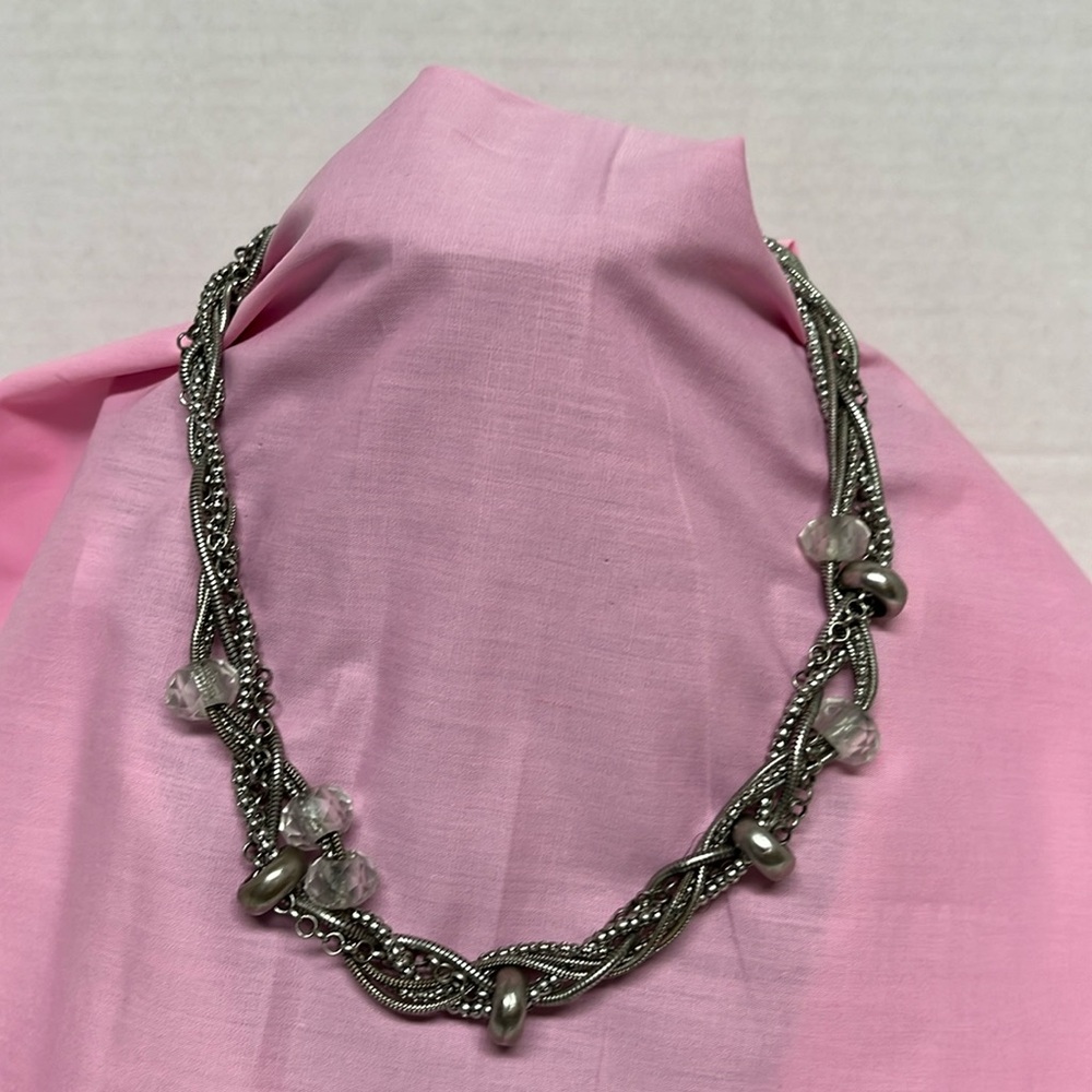 Silver Toned Multi-strand Braided Choker Necklace with Beads